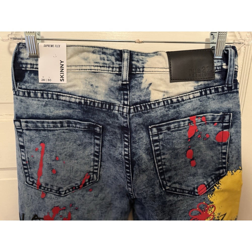 Rue21 Premium Skinny Acid Wash Graphic Jeans Blue Multicolor Denim grunge 36x32 - Picture 4 of 6